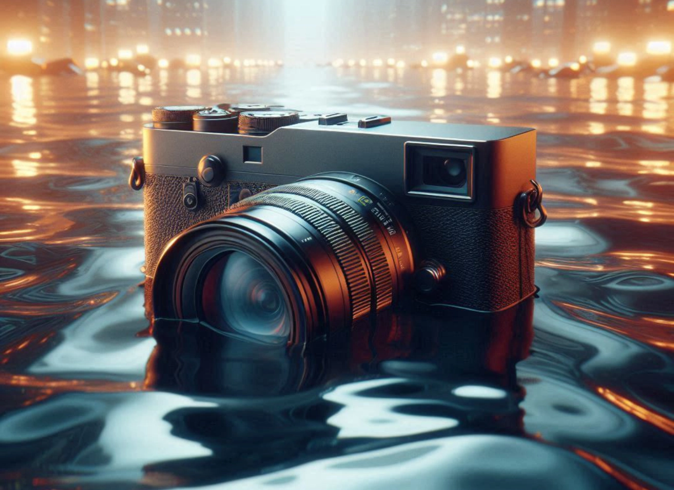 XC Series Dry Cabinets - cameras-water-damage-moisture-protection-dry-cabinet-for-cameras Professional cameras and lenses submerged in water, demonstrating moisture damage risks that Dr. Storage XC Series dry cabinets prevent